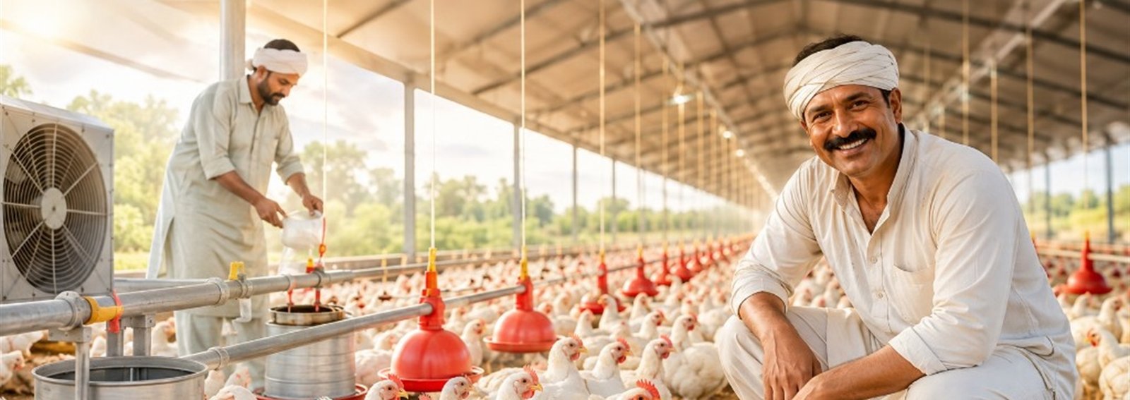 Broiler farm with automatic feeders and drinkers